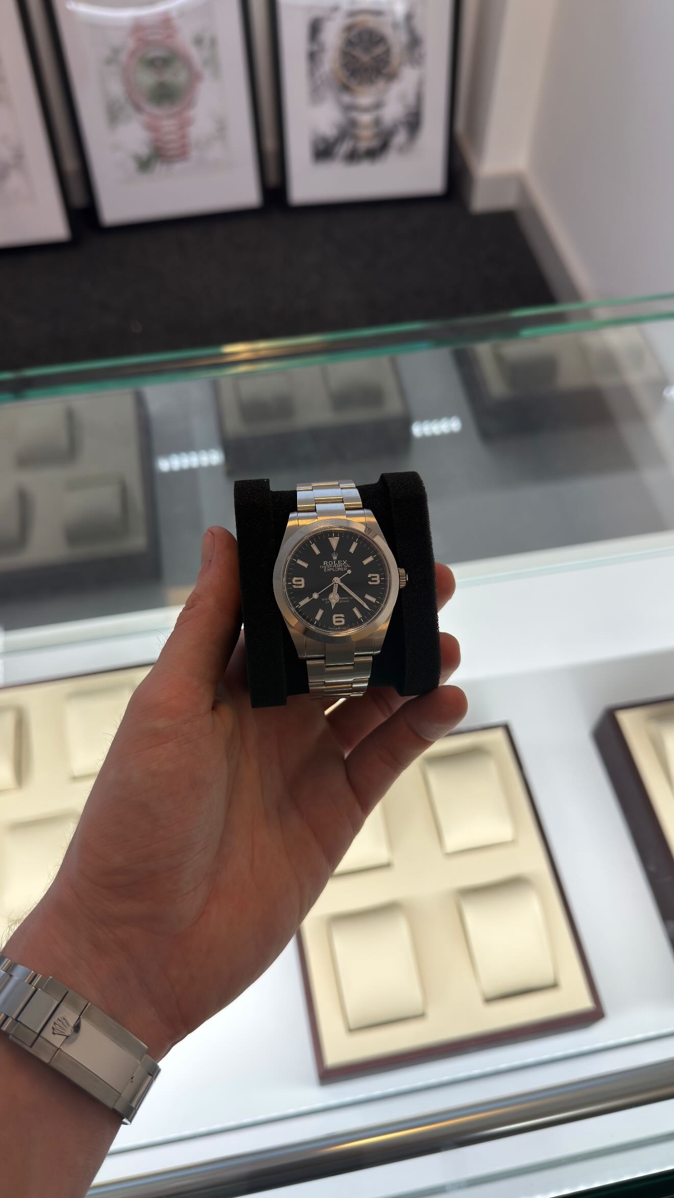 A Rolex Explorer held in front of the showroom display cases
